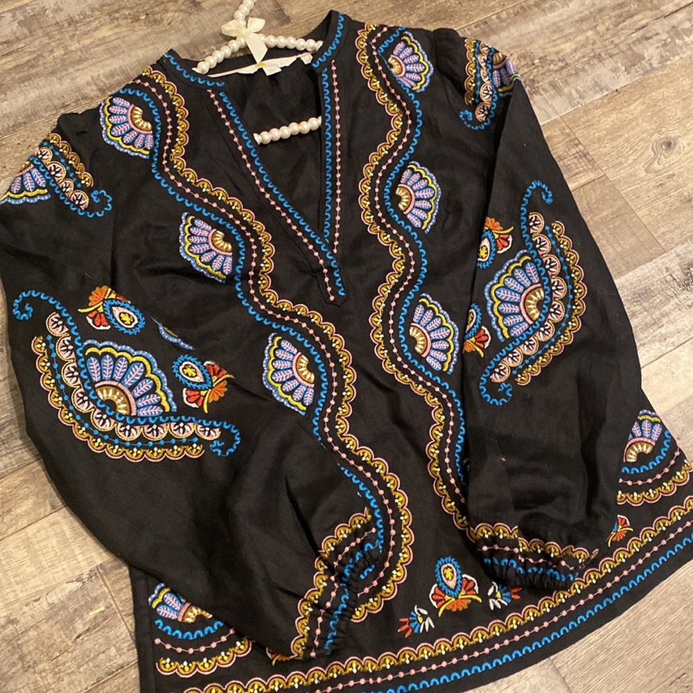 Boden Black Embroidered Boho Linen Tunic Size 6